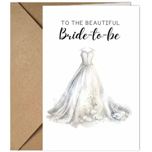 Tarjeta de felicitación de boda con ilustración de vestido de acuarela para despedida.