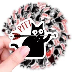 Waterproof funny black cat stickers set, creative vinyl decal for laptop, journal, and phone decor.