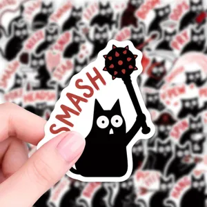 Cute funny black cat waterproof sticker for journaling, creative decor and laptop styling.