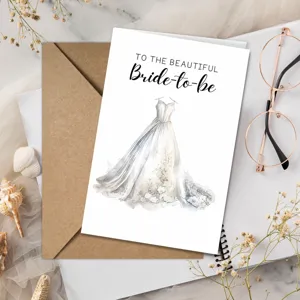 Tarjeta de felicitación para novia con diseño elegante de vestido de novia de acuarela.