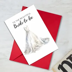 Tarjeta de felicitación de novia con diseño de vestido de boda de acuarela y sobre rojo fiesta