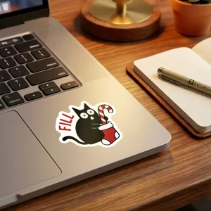 Funny black cat Christmas theme sticker for laptop, waterproof vinyl sticker and cute journal decor.