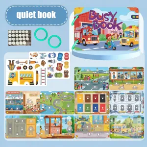 Detailed view of interactive busy book with rich transportation and animal themes for early learning.