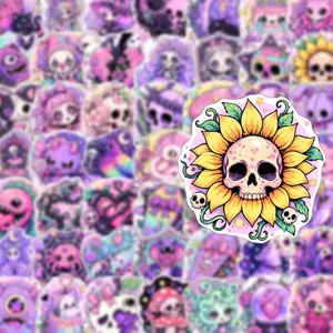 Gothische paarse schedel zonnebloem stickers, dromerige donkere stijl waterdichte sticker set.