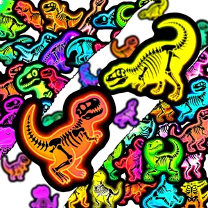 Vista detallada de pegatinas de coloridos esqueletos de dinosaurios neón con efecto luminoso.