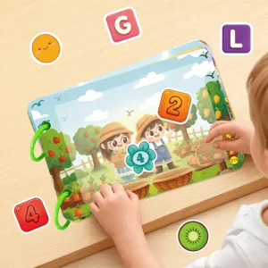 Close-up detail of interactive children busy book farm scene with movable sticker pieces.