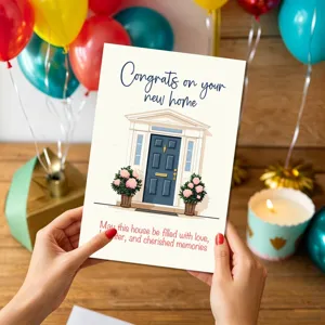 Housewarming greeting card with minimalist house entrance and floral pattern for new home blessing.