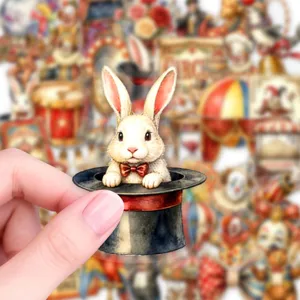 Adesivo PET con coniglio magico circo vintage, simpatico adesivo decorativo per diario.