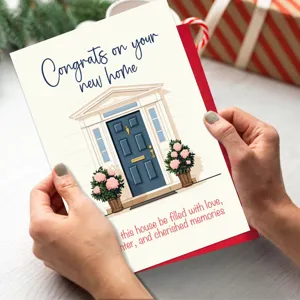 Greeting card for new home congratulation with house illustration and red envelope