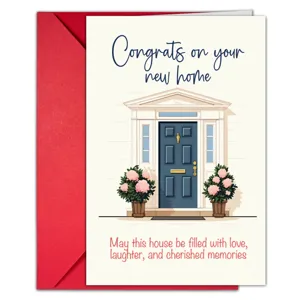 Housewarming greeting card with red envelope, elegant blue door design, and warm blessings.
