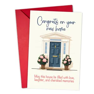 New home congratulation greeting card with red envelope, minimalist house and floral design.