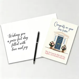 Housewarming greeting card with minimalist house and floral design for new home wishes.