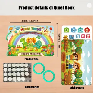 Quiet book detail view showing book dimensions, colourful sticker pages, and velcro accessories.