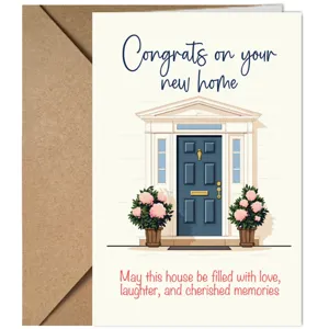 Close-up detail of housewarming greeting card featuring house illustration and envelope.