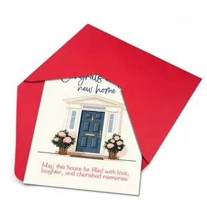 Housewarming greeting card with red envelope, featuring house illustration and warm wishes.