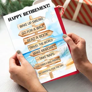 Close-up detail of the retirement greeting card featuring beach wooden signposts design.