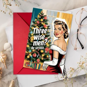 Detailansicht der Retro Weihnachtsgrußkarte mit lustigem Pin-up Frauen und Tannenbaum Motiv.