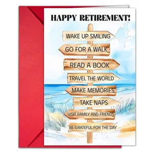 Retirement greeting card set with red envelope beach wooden sign design for warm wishes wholesale