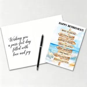 Retirement greeting card set with beach wooden signpost design and warm blessing wishes.
