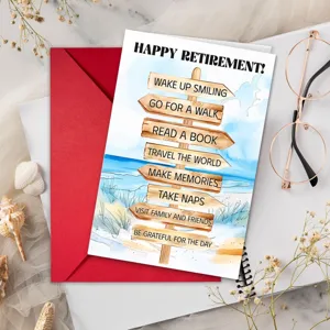Retirement greeting card set with beach wooden sign design and red envelope for blessing.