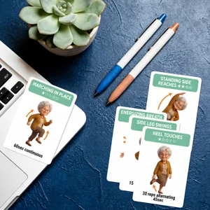 Vista detallada de tarjetas de ejercicio para adultos mayores con movimientos de fitness.
