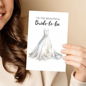 Tarjeta de felicitación para novia con elegante diseño de vestido de boda de acuarela.