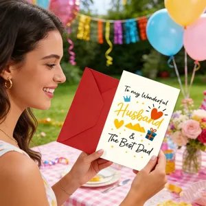 Carte de vœux fête des pères pour mari, jolie carte avec enveloppe rouge assortie.