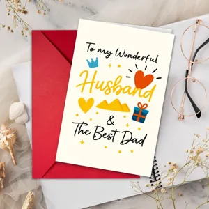 Carte de vœux fête des pères pour mari merveilleux et meilleur papa avec enveloppe rouge cadeau.