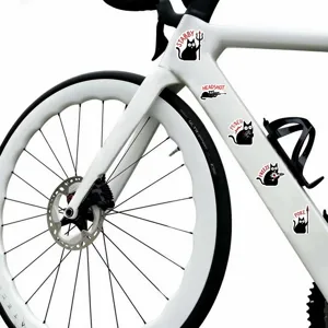 Funny black cat stickers detail view showing creative waterproof vinyl decals on bike frame.