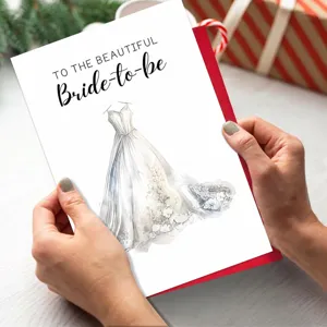 Vista detallada de la elegante tarjeta de felicitación de novia con vestido de acuarela.