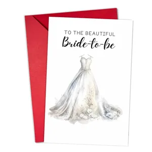Tarjeta de felicitación de vestido de novia de acuarela con sobre rojo para despedida de soltera.