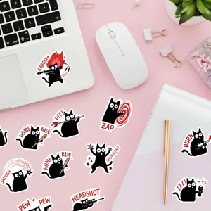 Waterproof funny black cat stickers set, creative vinyl decals for journal and laptop decor.