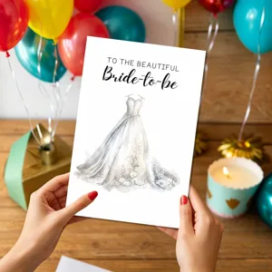 Hermosa tarjeta de felicitación de boda para novia con diseño de vestido acuarela.