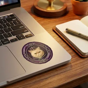 Vintage royale Katzensticker mit mürrischer Katze im Prunkrahmen, ideal für Laptop-Deko.