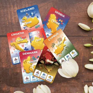 Juego de tarjetas educativas de geografía europea con datos de países para niños y estudiantes.