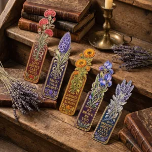 Vintage floral paper bookmarks set with inspiring quotes, elegant European botanical art details.