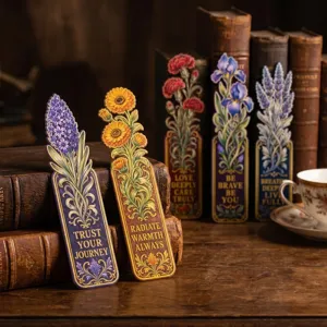 Vintage floral paper bookmarks set with inspirational quotes and botanical designs for reading.