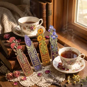 Close-up detail of European vintage floral paper bookmarks with inspirational quotes set.