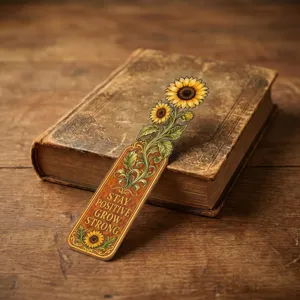 Marque-page tournesol vintage avec texte motivationnel pour livres et lecteurs.