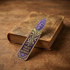 Detail shot of vintage floral paper bookmark with inspirational quote and retro European pattern.