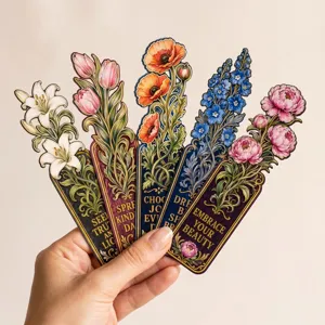Set van 5 vintage olieverf bloemen papieren bladwijzers met inspirerende citaten.