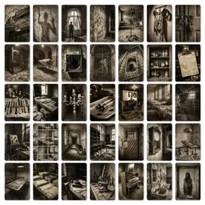 Dark gothic asylum illustration cards set, vintage horror stationery postcards for scrapbooking.
