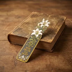 Mooi vintage bloem papier boekenlegger detail met witte lelie en inspirerend citaat.