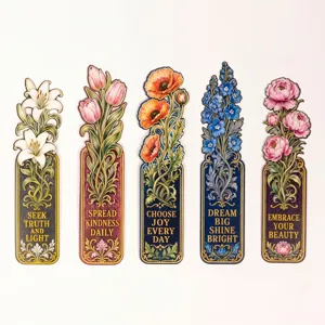 Set van 5 vintage olieverf bloem papier bladwijzers met motiverende citaten om te lezen.