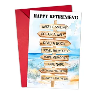 Close-up detail of retirement greeting card featuring beach wooden signpost and red envelope.