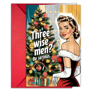 Retro Weihnachtsgrußkarte mit lustiger Vintage Pinup Frau Illustration und rotem Umschlag.