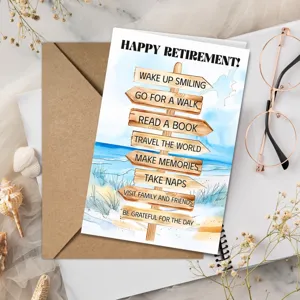 Retirement greeting card detail showing beach wooden signpost design, envelope and props.