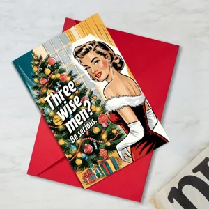 Retro Pin-up Weihnachtsgrußkarte Detailansicht mit rotem Umschlag und lustigem Design.