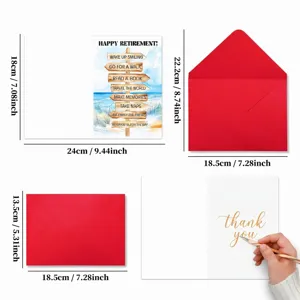 Retirement greeting card set with beach sign design, red envelopes and detailed sizes.