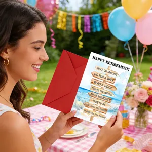 Retirement greeting card set with red envelope, beach wooden signpost design detail.